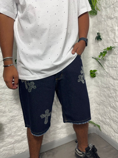 Jeans bermuda denim scuro con croci strass