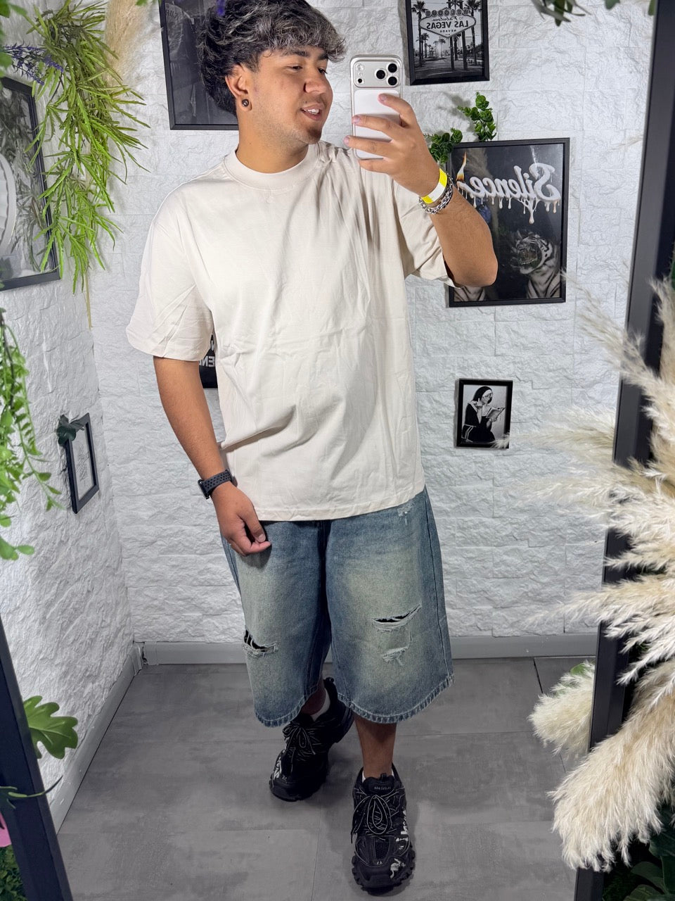 Jeans jort chiaro in denim con strappi