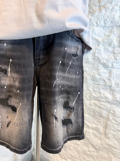 Jeans bermuda grigio slavato con strappi e schizzi di vernice 10-16 anni
