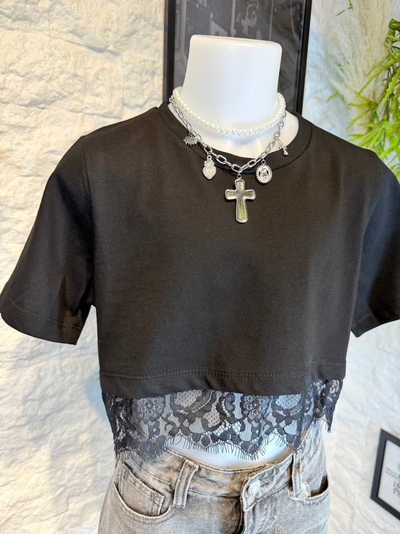 T-shirt nera in cotone con bordo in pizzo 4-14 anni