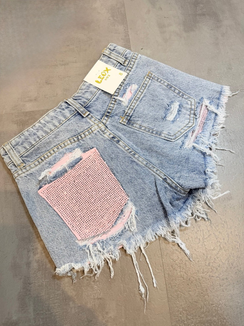 Jeans shorts azzurro chiaro slavato sfrangiato con tasca rosa strass 6-16 anni