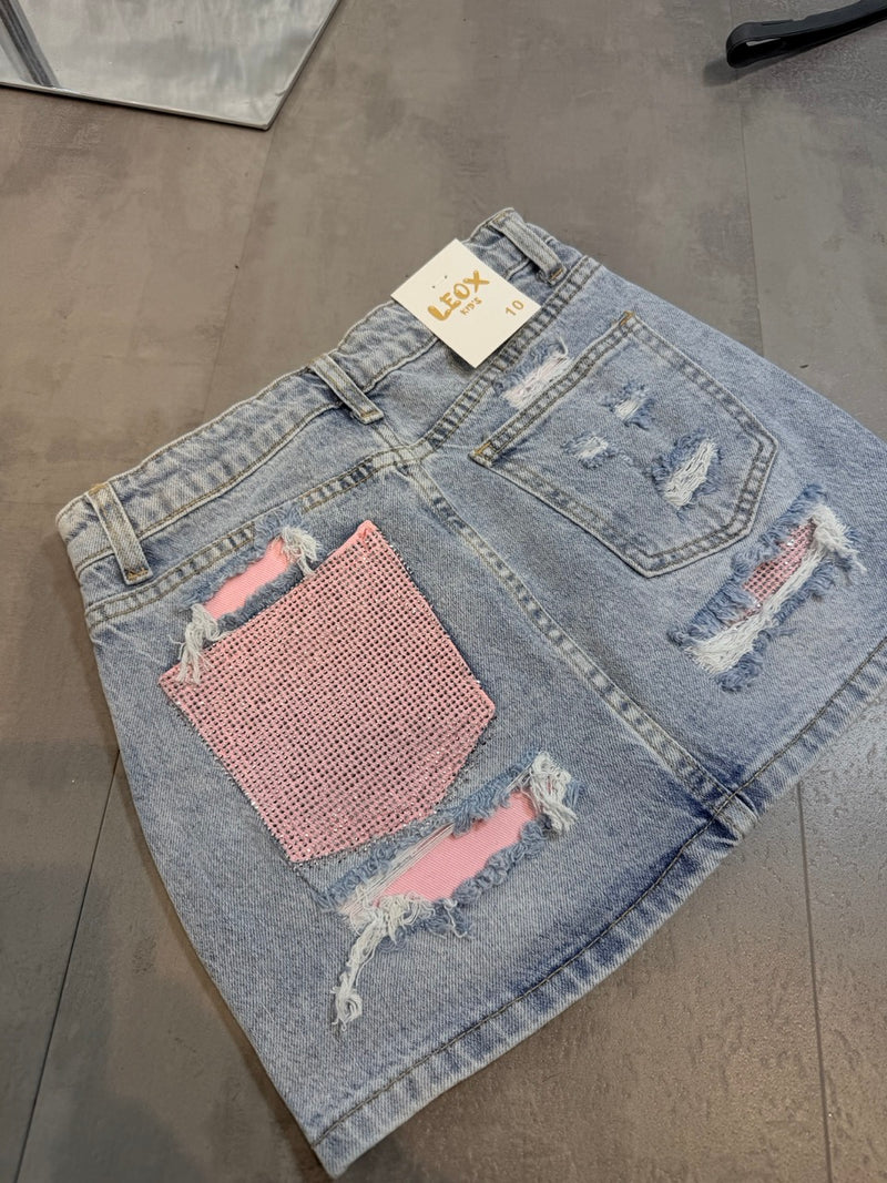 Gonna in denim chiaro con tasca rosa brillantinata 6-16 anni
