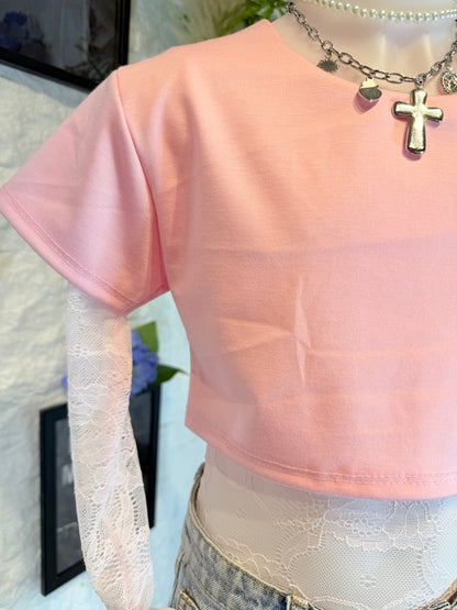 Body rosa con maniche lunghe in pizzo 4-14 anni