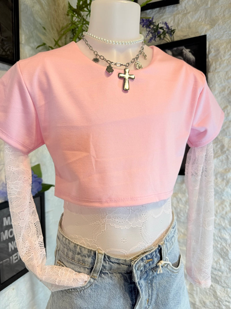 Body rosa con maniche lunghe in pizzo 4-14 anni