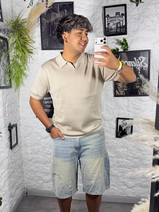 Bermuda balloon sabbiato chiaro in denim con cuciture frontali