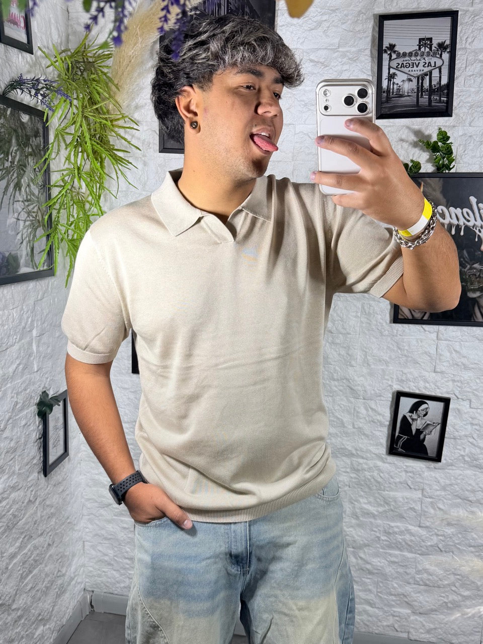 Polo beige in filo a mezza manica