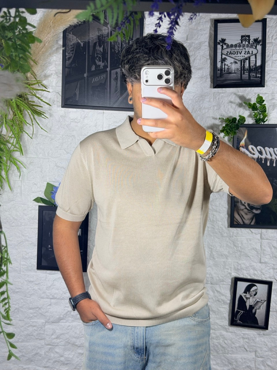Polo beige in filo a mezza manica