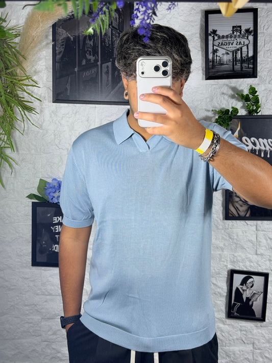 Polo azzurro polvere in filo a mezza manica