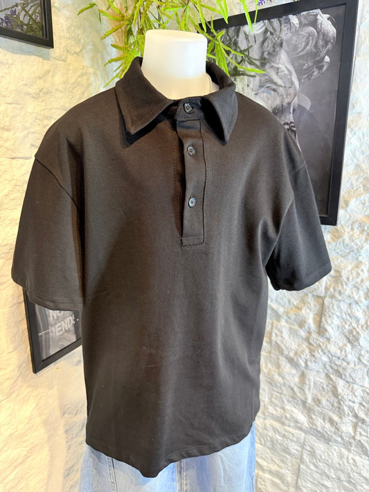 Polo nera in cotone in tinta unita - OVERSIZE 10-16 anni
