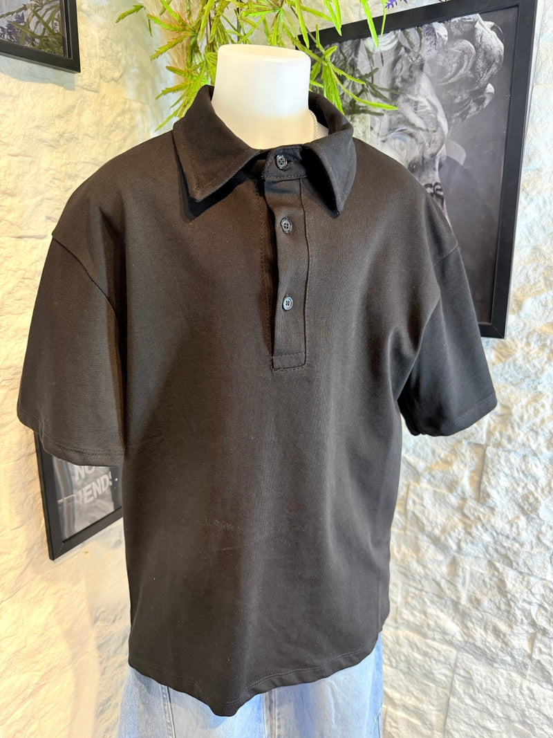 Polo nera in cotone in tinta unita - OVERSIZE 10-16 anni