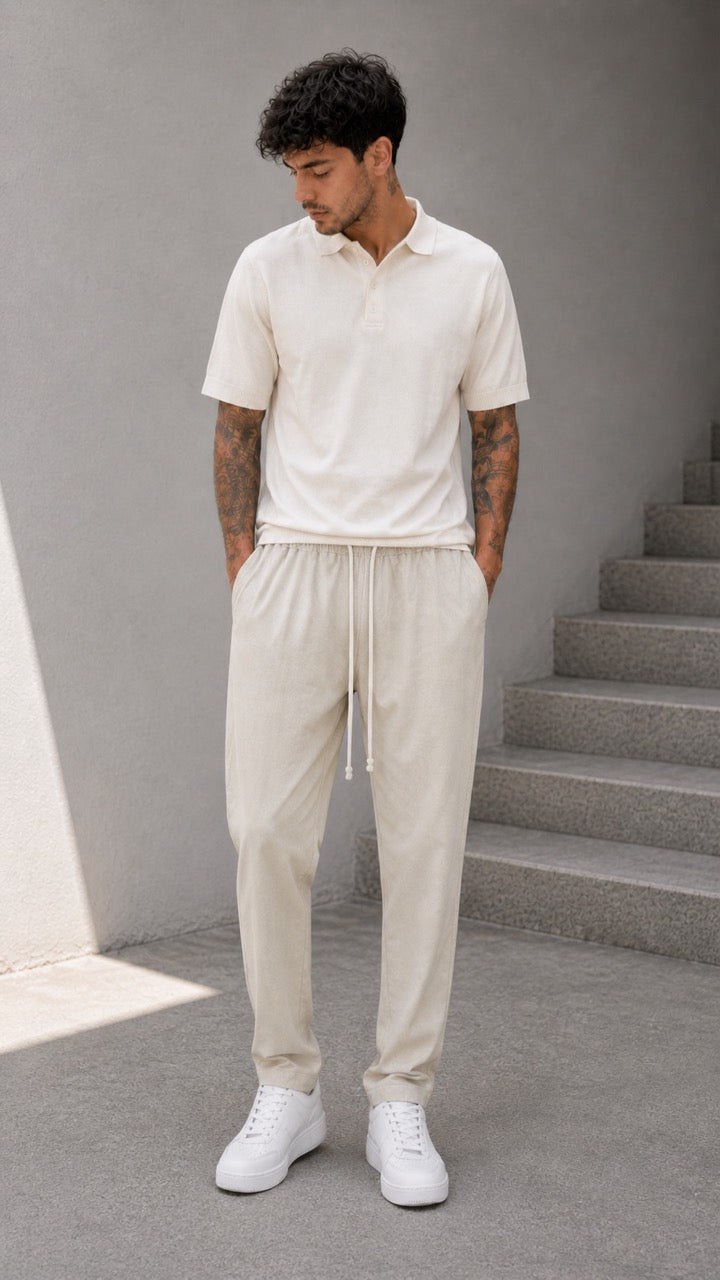 Pantalone beige in misto lino con elastico e laccio in vita