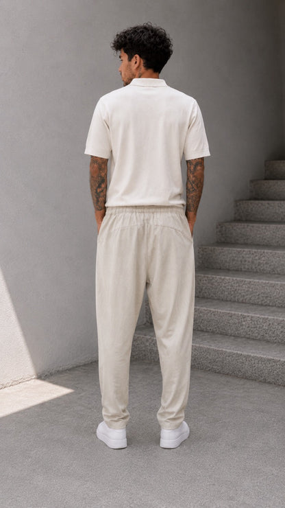 Pantalone beige in misto lino con elastico e laccio in vita