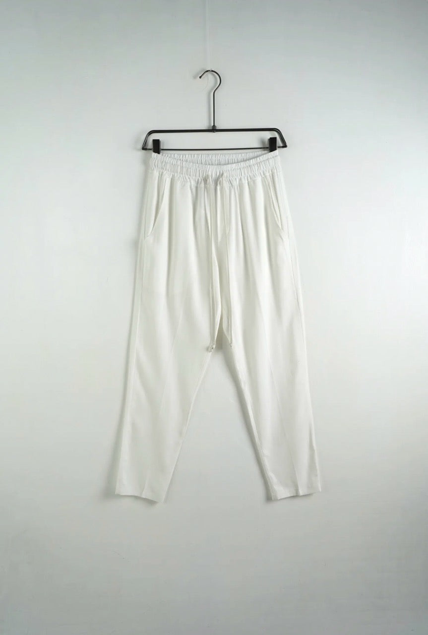 Pantalone panna in misto lino con elastico e laccio in vita