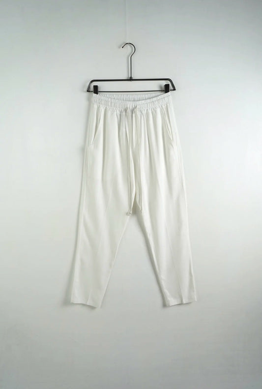 Pantalone panna in misto lino con elastico e laccio in vita