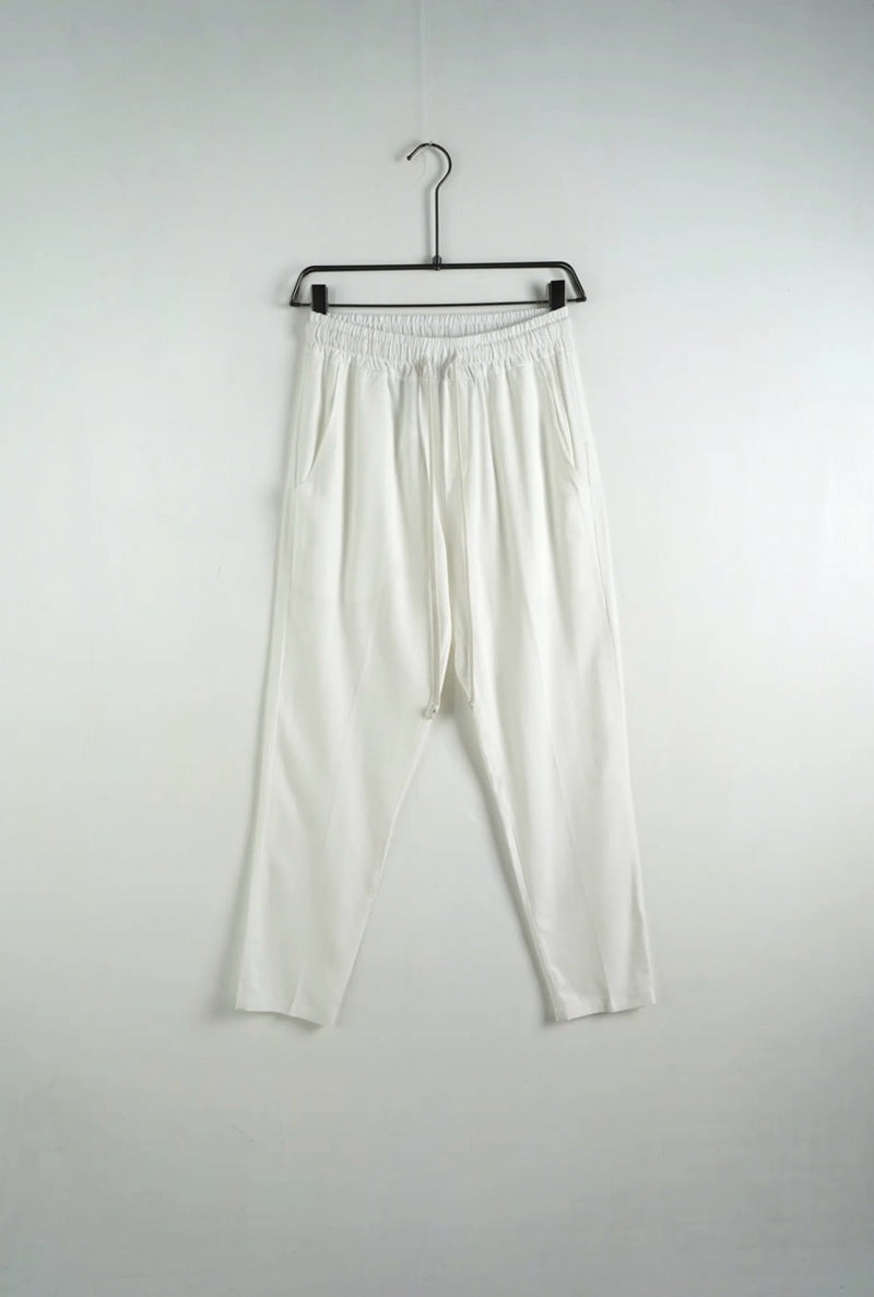 Pantalone panna in misto lino con elastico e laccio in vita