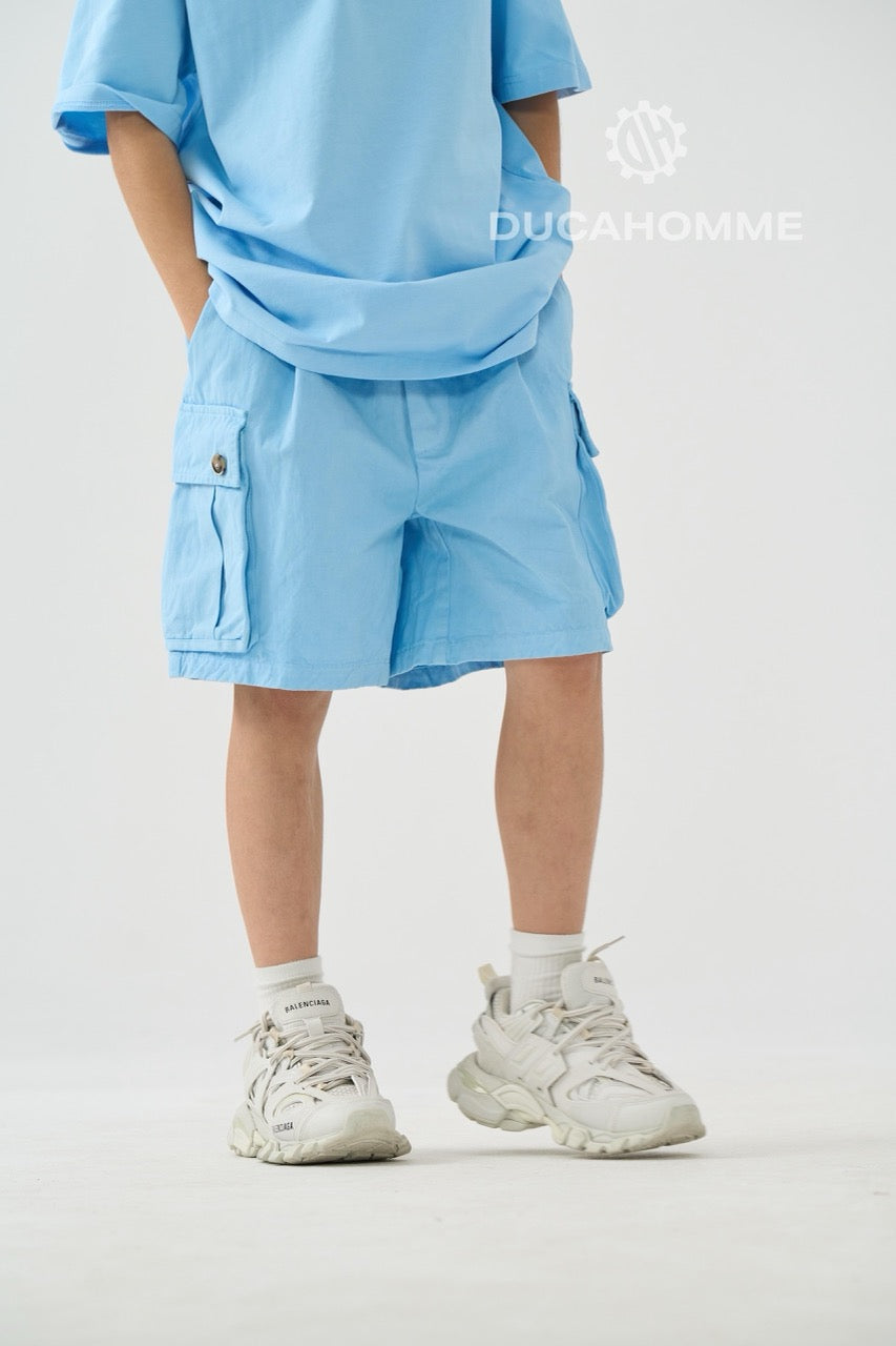 Jeans bermuda cargo celeste con tasche laterali e laccio lungo 10-16 anni