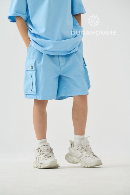 Jeans bermuda cargo celeste con tasche laterali e laccio lungo 10-16 anni