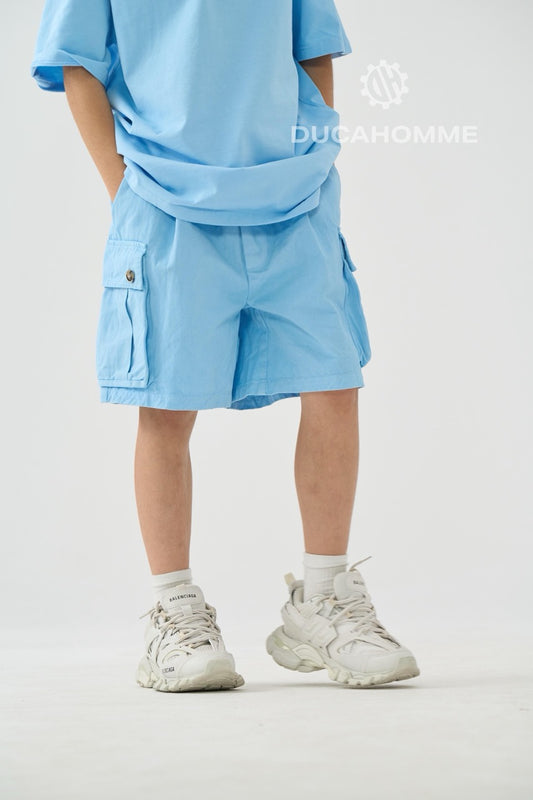 Jeans bermuda cargo celeste con tasche laterali e laccio lungo 10-16 anni