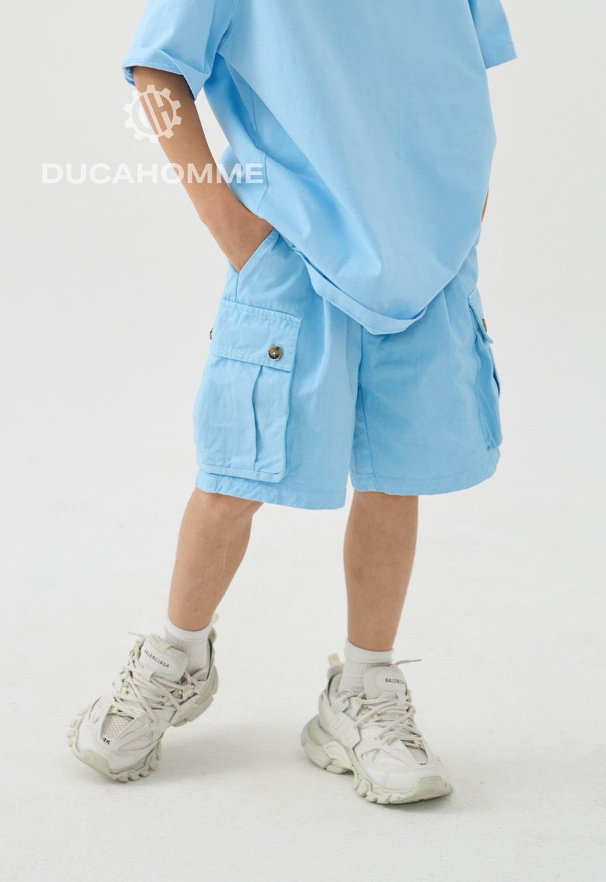 Jeans bermuda cargo celeste con tasche laterali e laccio lungo 10-16 anni