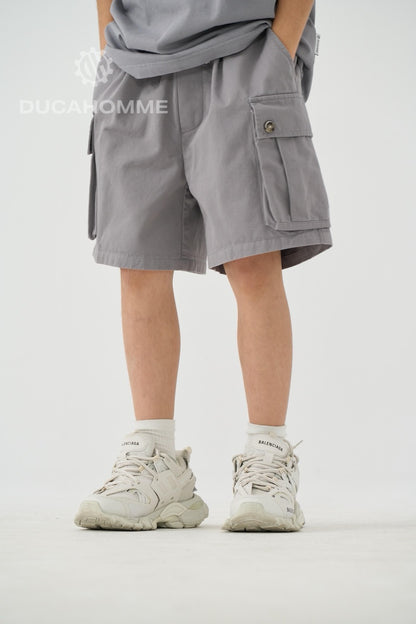 Jeans bermuda cargo grigio chiaro con tasche laterali e laccio lungo 10-16 anni