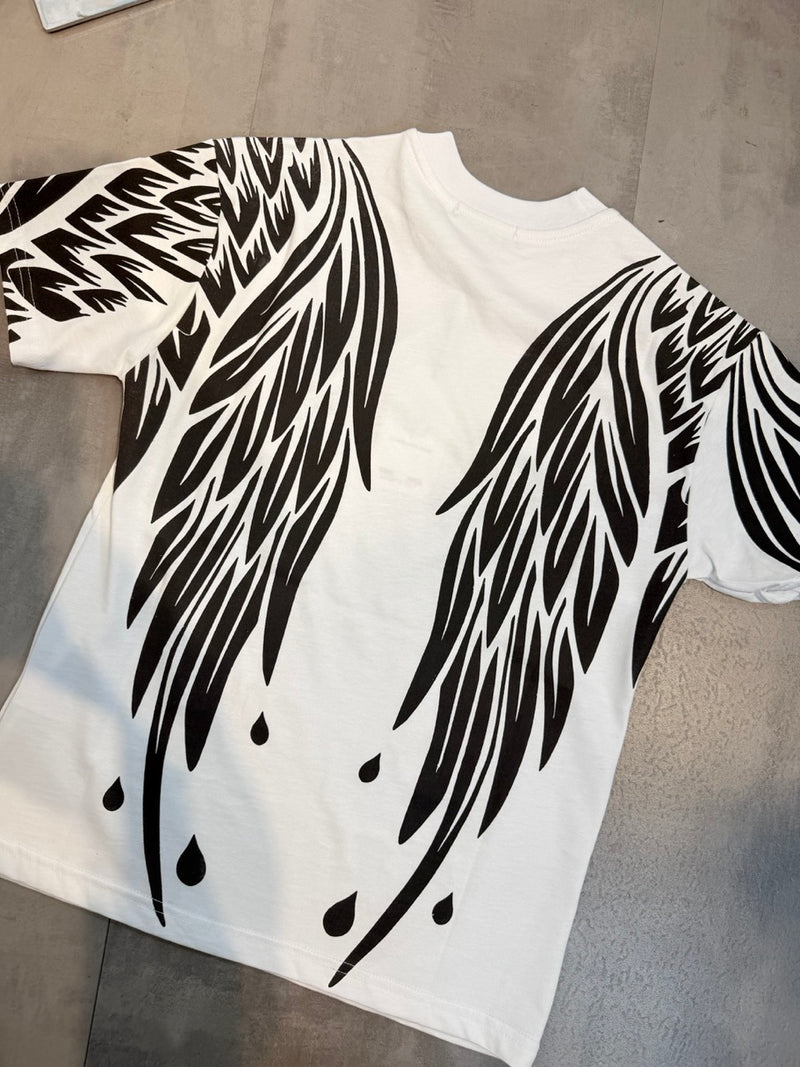 T-shirt bianca con stampa "ANGELS" e maxi ali nere 10-16 anni