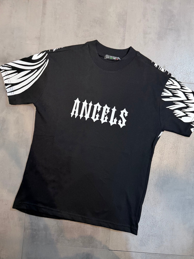 T-shirt nera con stampa "ANGELS" e maxi ali nere 10-16 anni