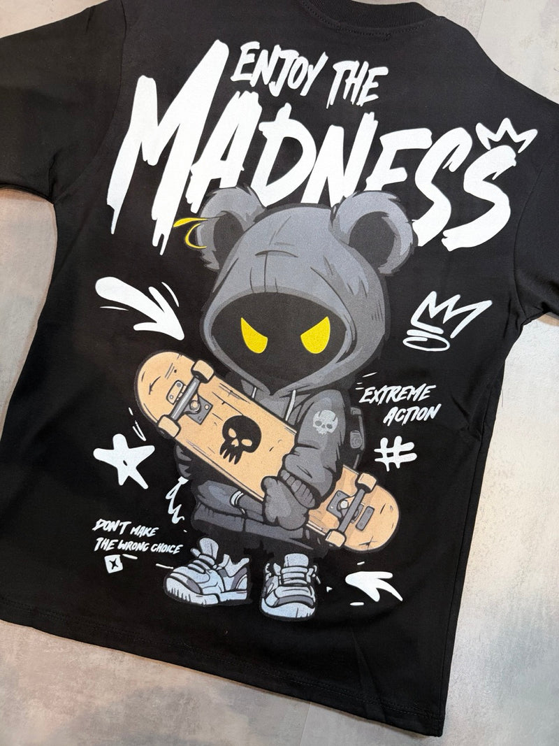 T-shirt nera con stampa Madness e orsetto 10-16 anni