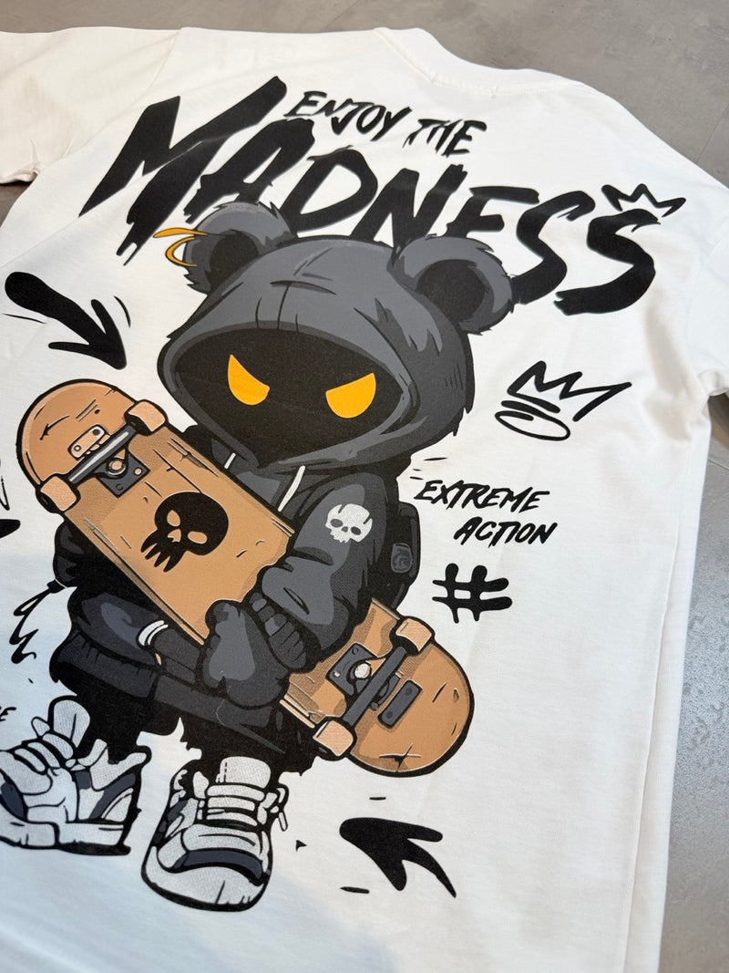 T-shirt bianca con stampa "ENJOY THE MADNESS" e orsetto 10-16 anni