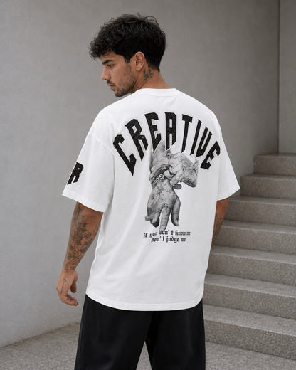 T-shirt bianca con scritta "CREATIVE" e stampa mano brillantinata - OVERSIZE