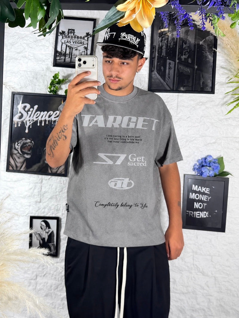 T-shirt grigia slavata con stampa Target - OVERSIZE