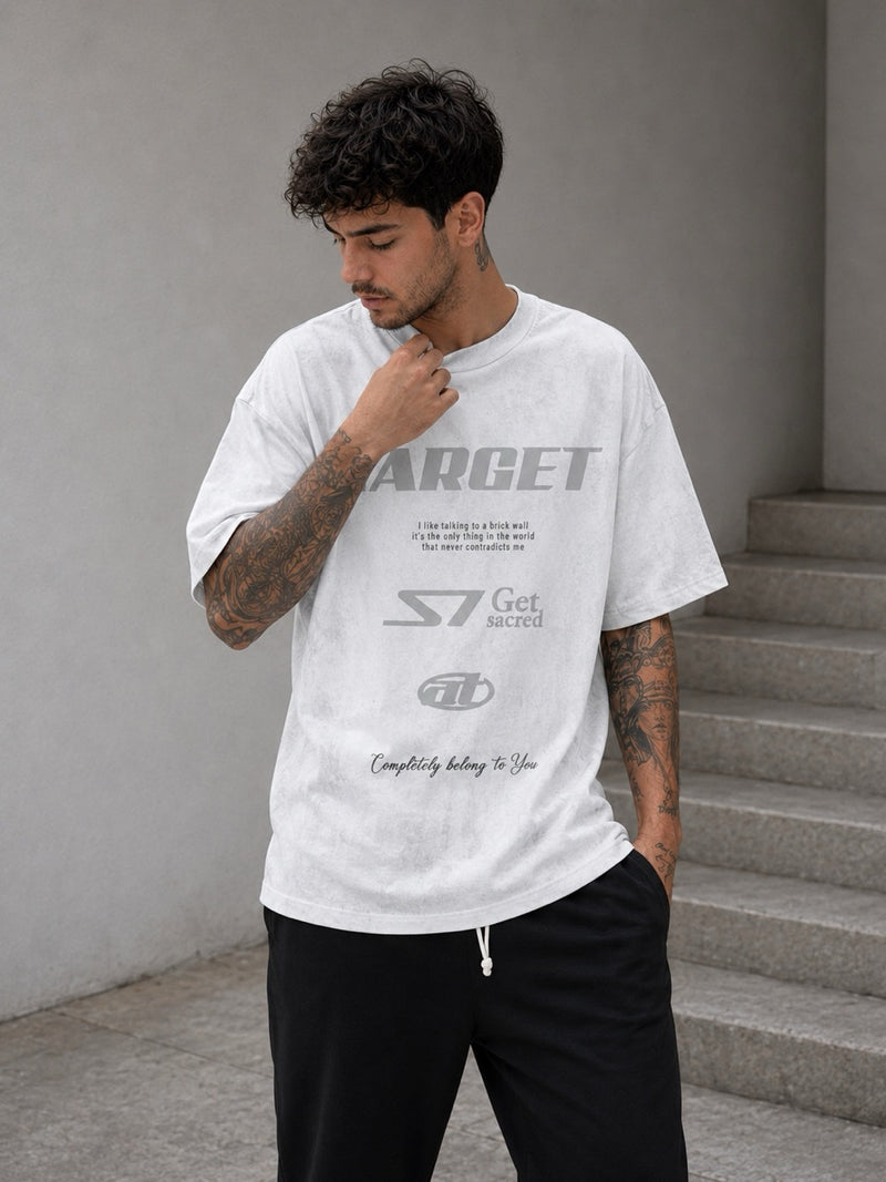 T-shirt bianco avorio slavata con stampa Target - OVERSIZE