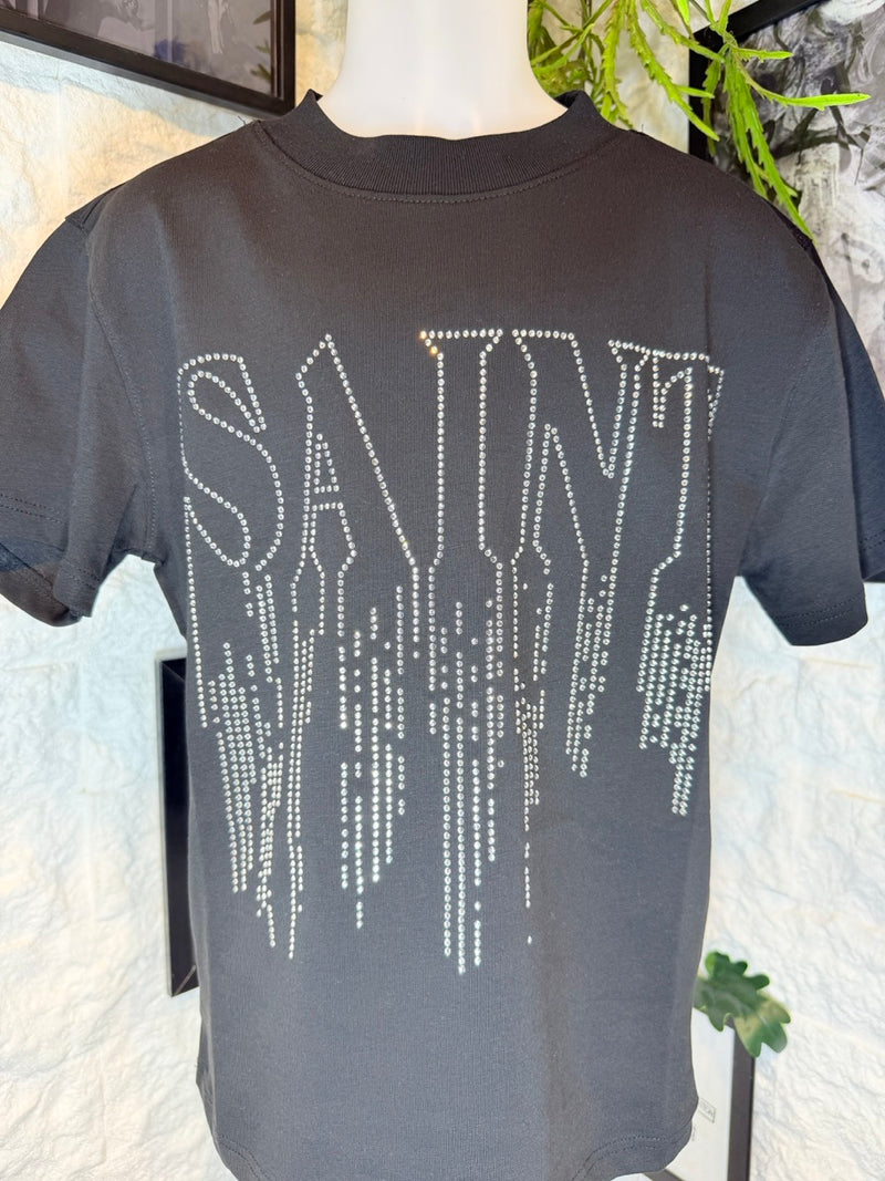 T-shirt nera con stampa SAINT effetto colato con brillantini - OVERSIZE