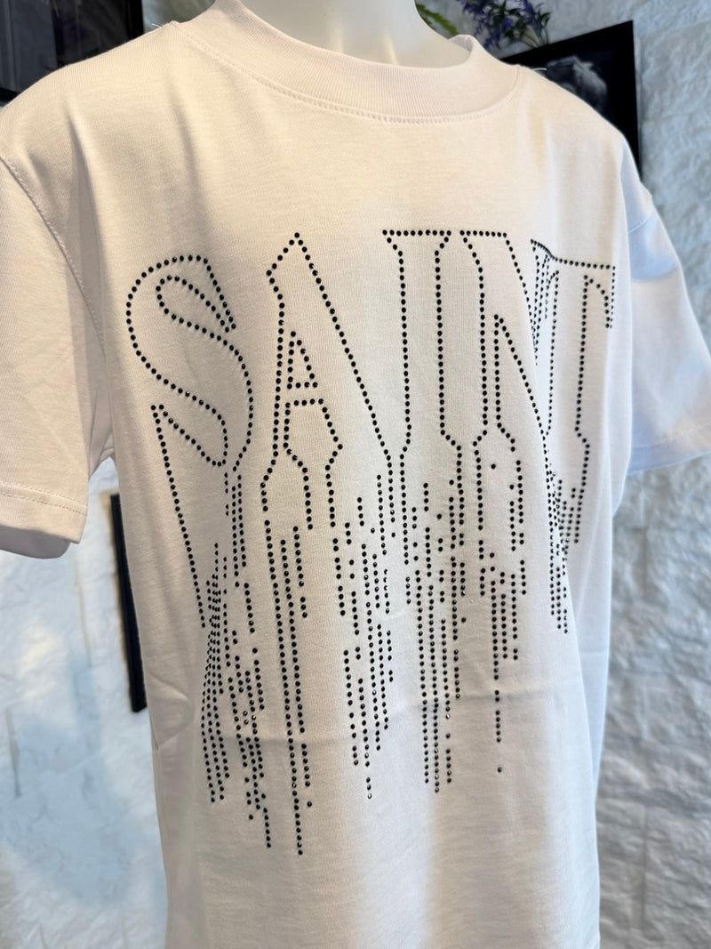 T-shirt bianca con stampa "SAINT" in strass - OVERSIZE 10-16 anni