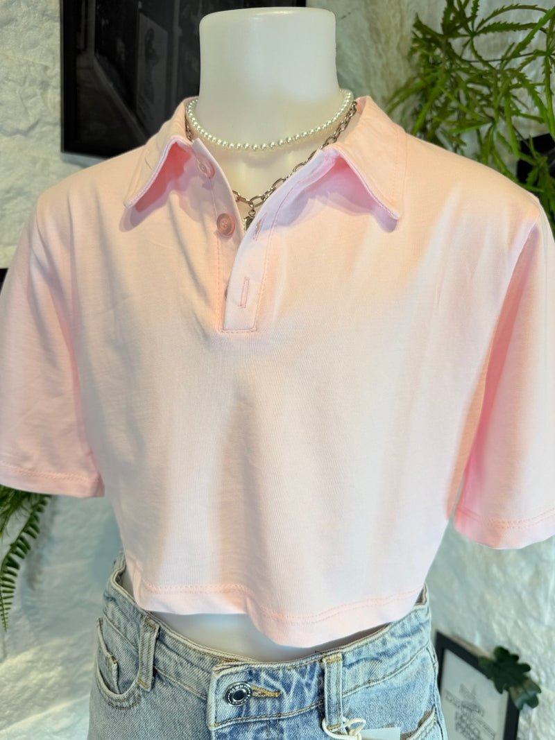 Polo crop-top rosa chiaro in cotone in tinta unita 4-14 anni