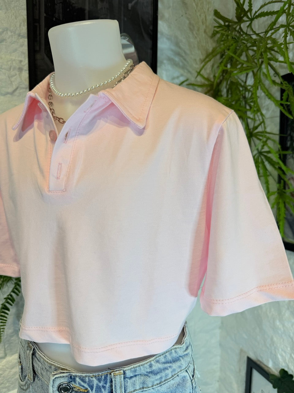 Polo crop-top rosa chiaro in cotone in tinta unita 4-14 anni