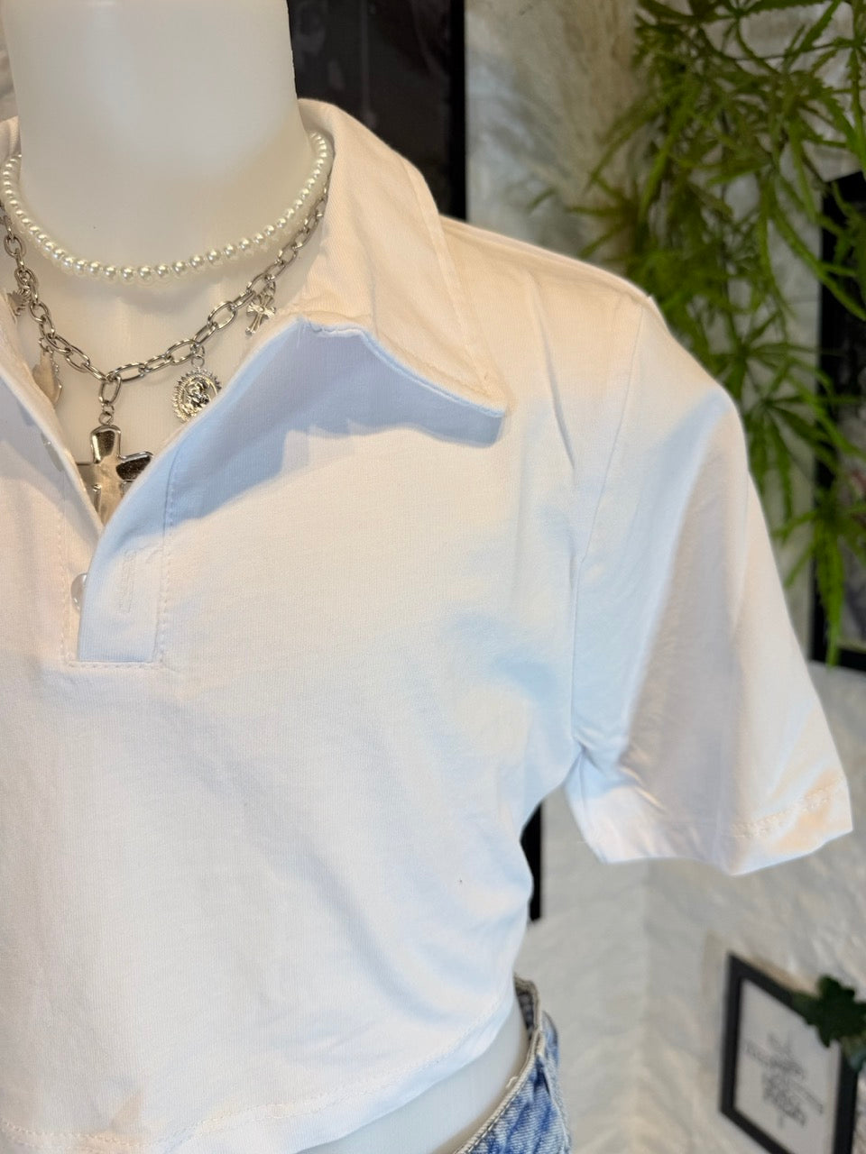 Polo crop-top bianca in cotone in tinta unita 4-14 anni