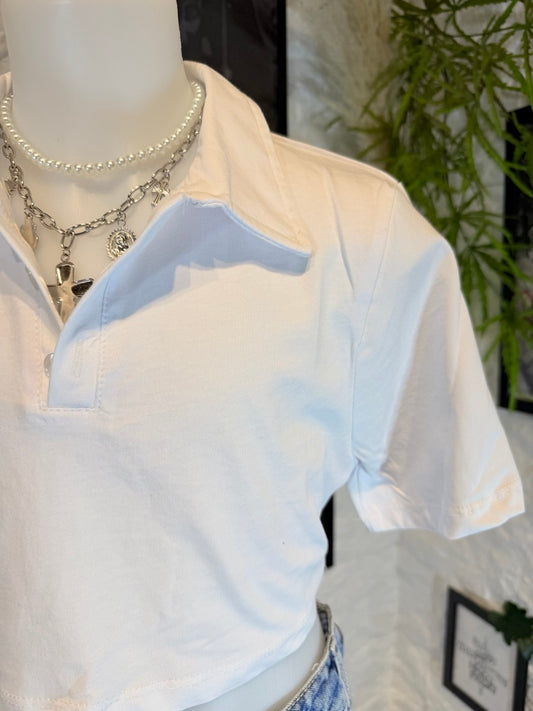 Polo crop-top bianca in cotone in tinta unita 4-14 anni