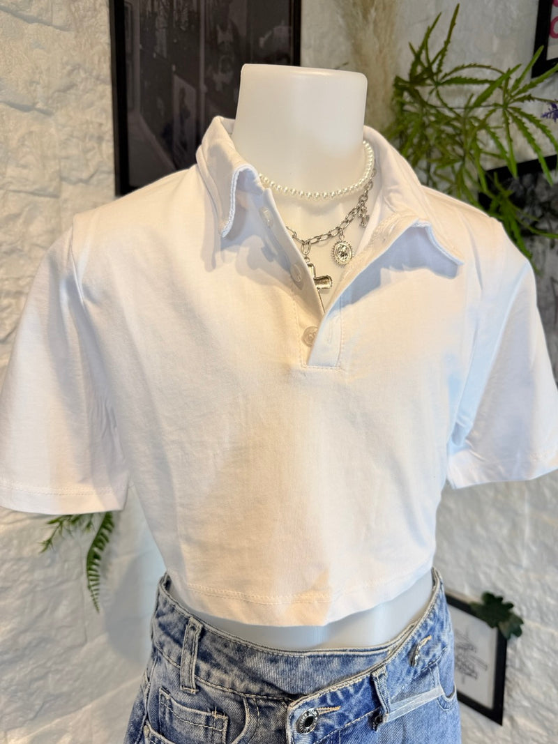 Polo crop-top bianca in cotone in tinta unita 4-14 anni