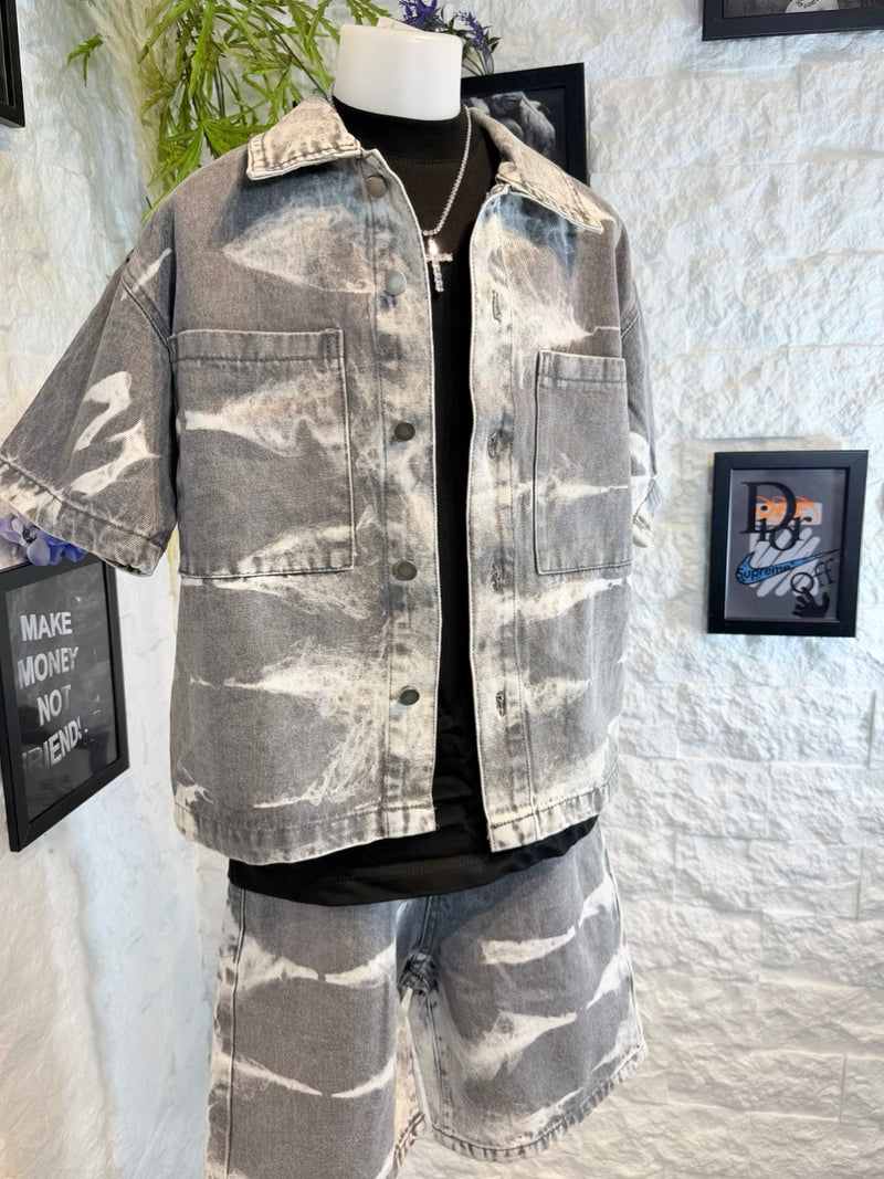 Completo denim grigio slavato con camicia bottoni e bermuda 8-16 anni