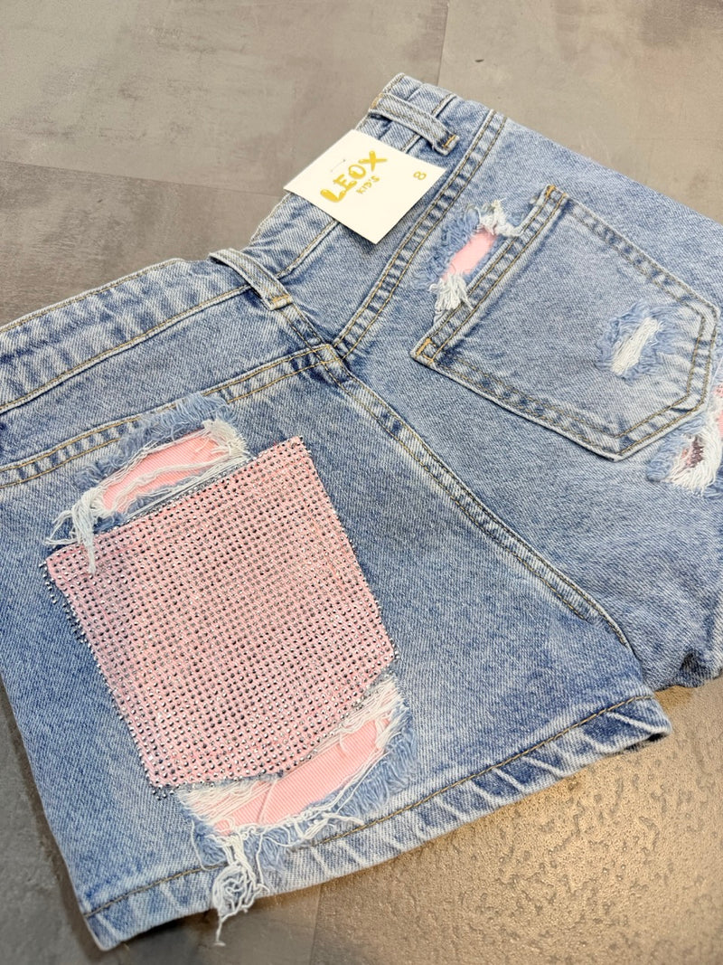Jeans shorts azzurro chiaro slavato con tasca rosa strass 6-16 anni