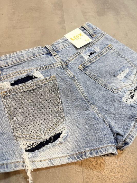 Shorts azzurro chiaro in denim con tasca argento strass 6-16 anni