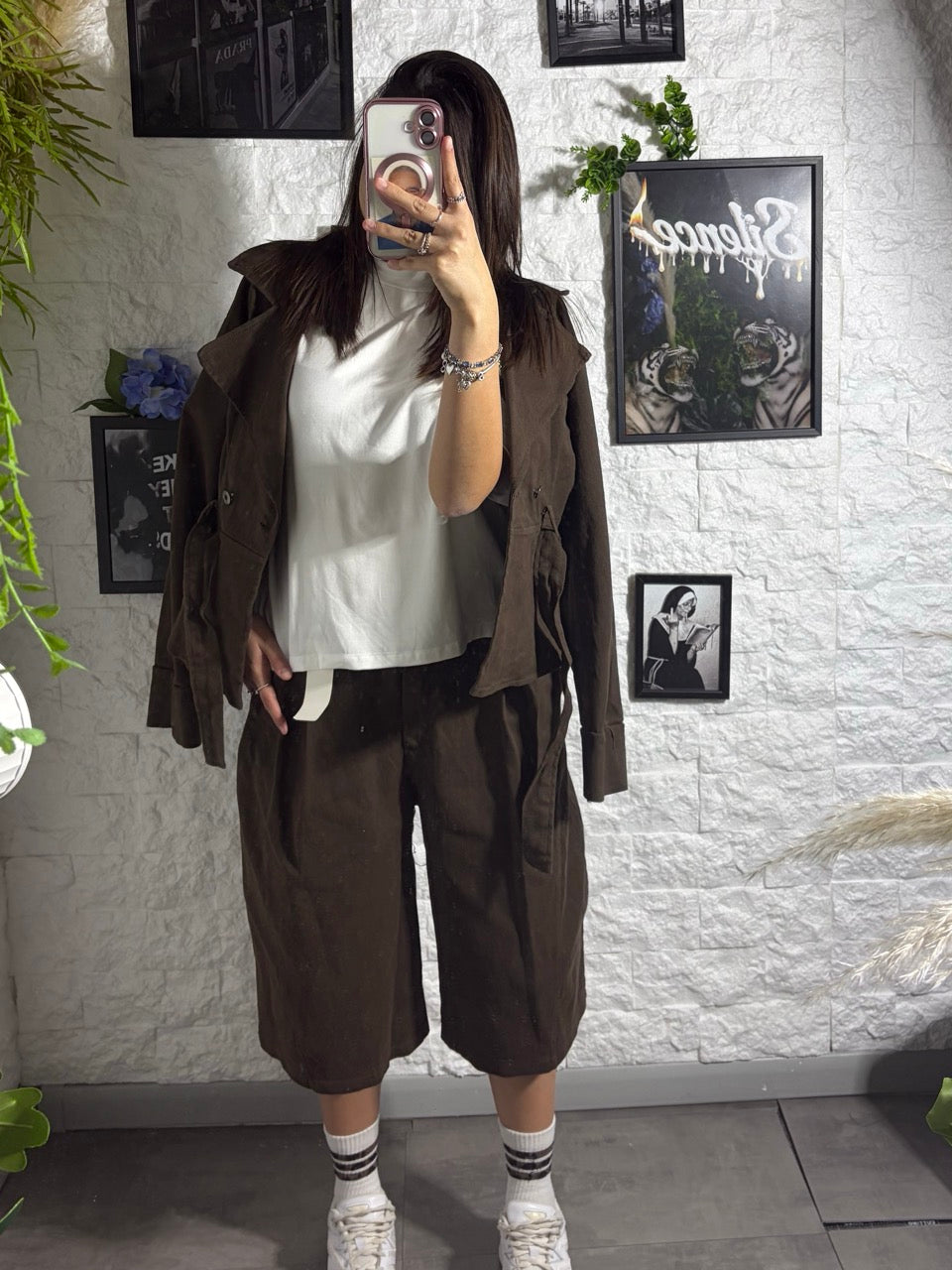 Completo in denim con giacca con laccio e bermuda