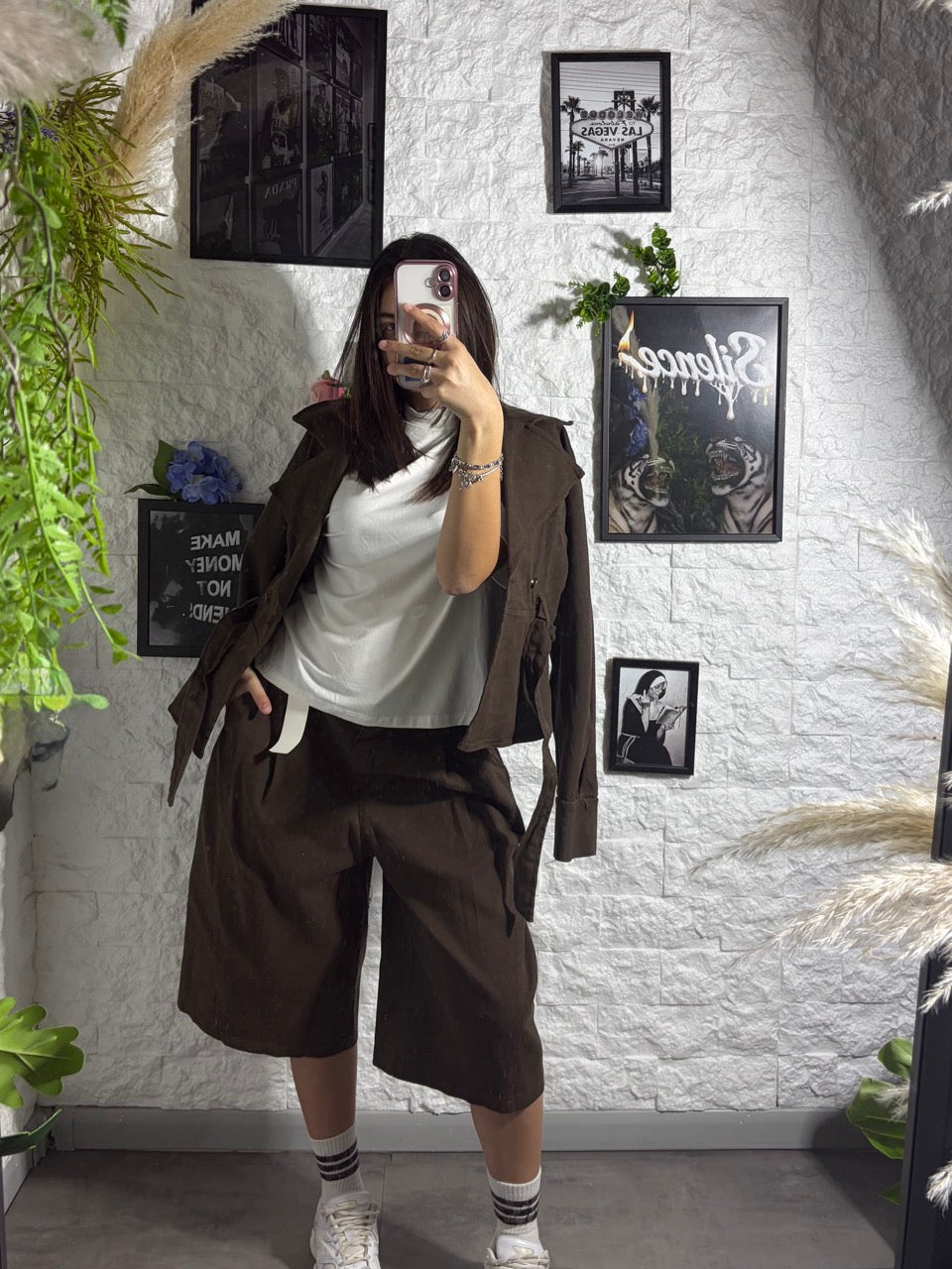 Completo in denim con giacca con laccio e bermuda