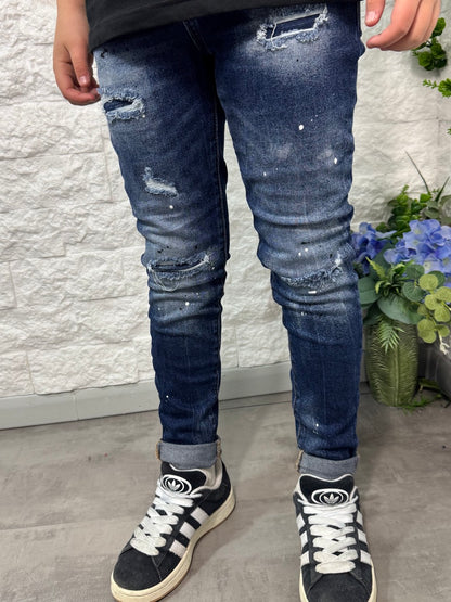 Jeans skinny blu in denim con schizzi di vernice - MOD "DSQ" 10-16 anni