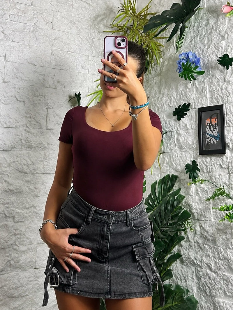Gonna cargo in denim nero slavato con culotte integrate
