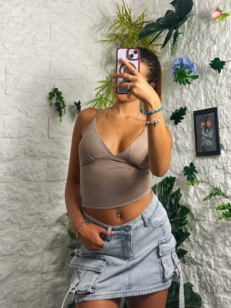 Gonna cargo in denim chiaro slavato con culotte integrate