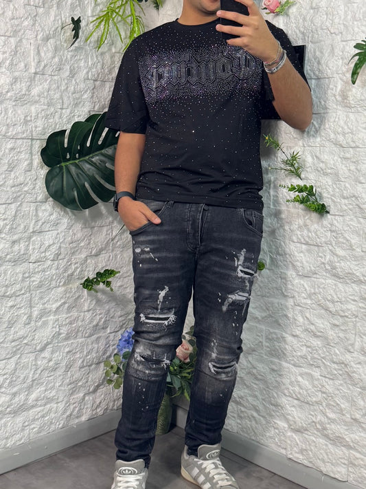 Jeans skinny grigio slavato in denim con schizzi di vernice - MOD "DSQ"