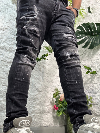 Jeans skinny grigio slavato in denim con schizzi di vernice - MOD "DSQ"