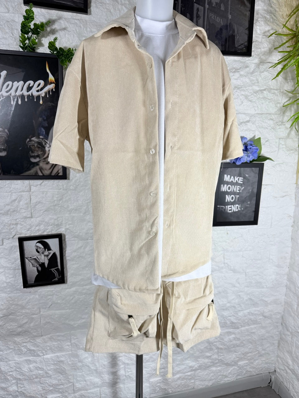 Completo beige millerighe con bermuda cargo 10-16 anni