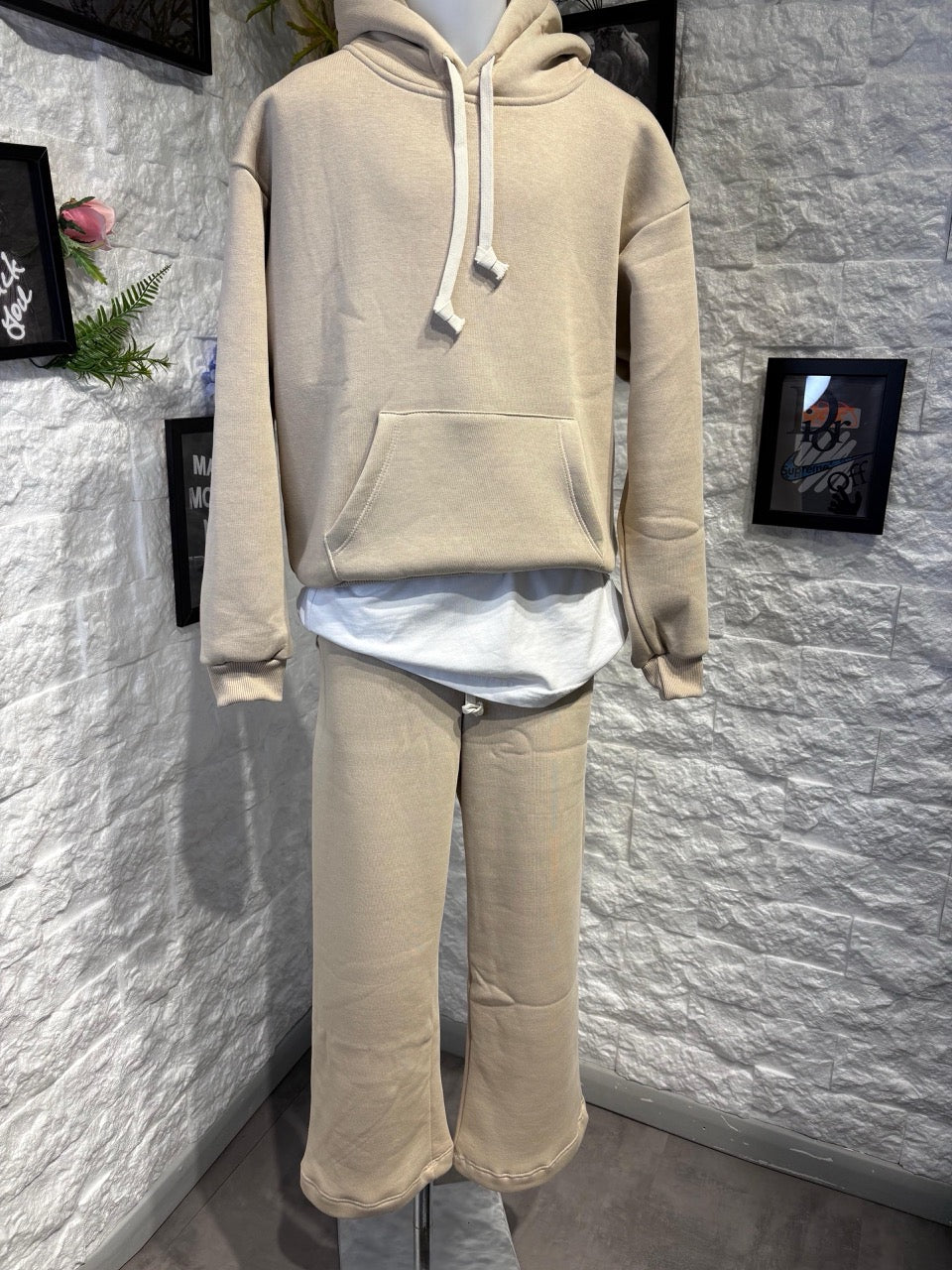 Completo beige con felpa cappuccio e pantalone ampio - FELPATO 6-16 anni